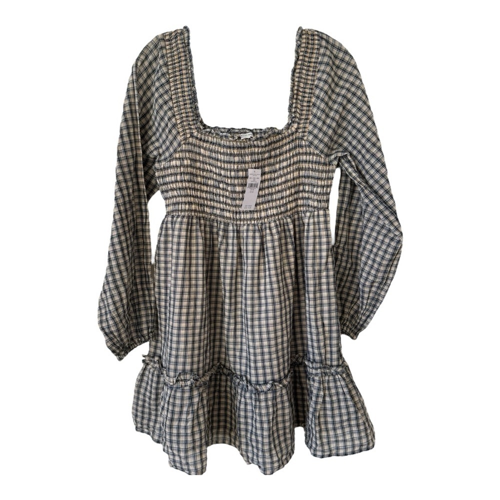 NWT American Eagle Gingham Balloon Sleeve Ruched Tier Mini Dress medium